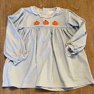 Blue Gingham Pumpkin Smocked Long-Sleeve Dress - Kids